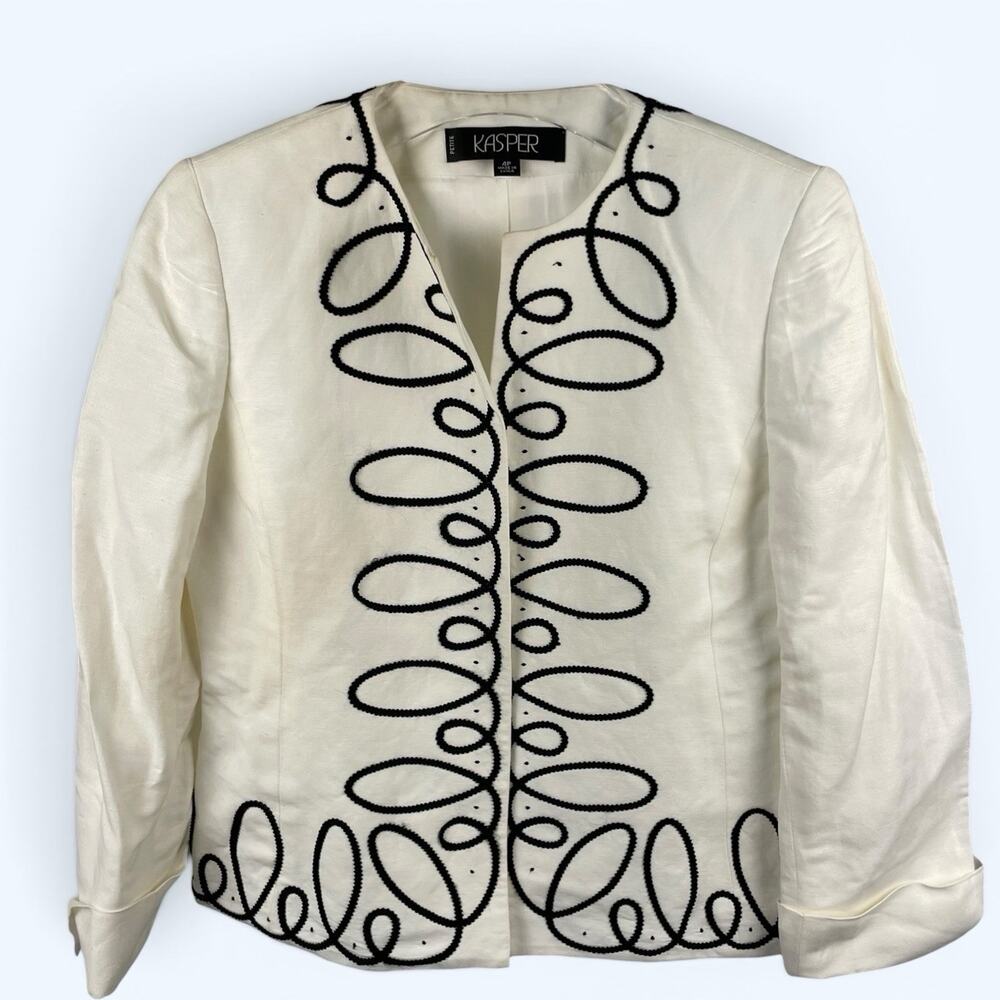 Kasper Women's Vintage White wBlack Embroidered Scrolls Linen Jacket Blazer 4P